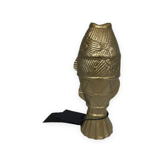 Goudkleurige vaas in de vorm van een vis – decoratief aluminium woonaccessoire