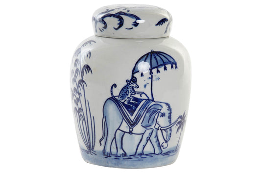 Porseleinen blauw-witte voorraadpot met olifant in Delftsblauw stijl
