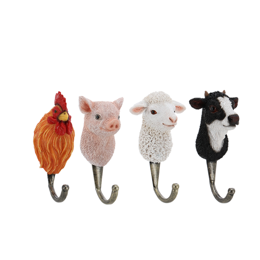 Wandhaak met boerderijdier – haan, varken, schaap of koe decoratie