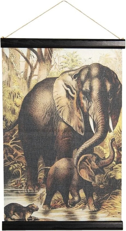 Linnen wanddoek met mama en baby olifant – Clayre & Eef 40x60 cm