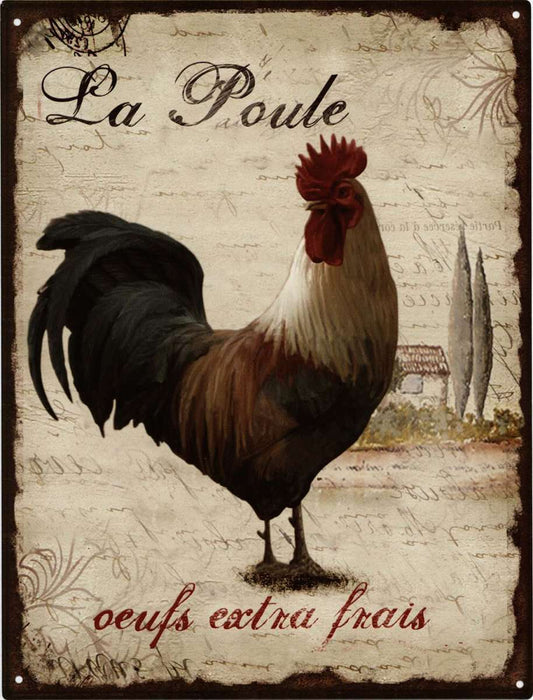 Vintage wandplaat met kip – La Poule – metaal – landelijke stijl – Krokomingo