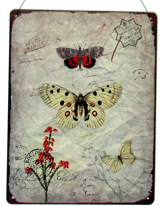Vintage metalen wandplaat met vlinders – Butterfly Stamps design 25x33 cm