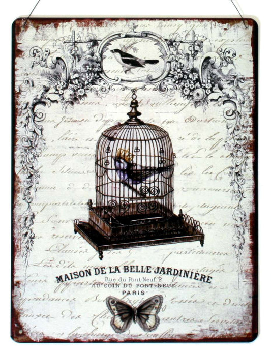 Metalen wandplaat vogel in kooi – vintage Franse decoratie voor interieur of tuin