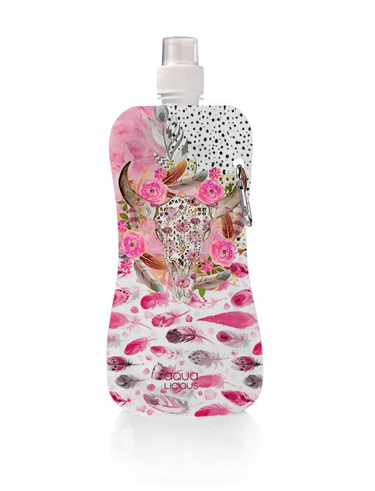 Opvouwbaar waterzakje met kleurrijke stierenprint – BPA‑vrij, 450 ml met karabijnhaak