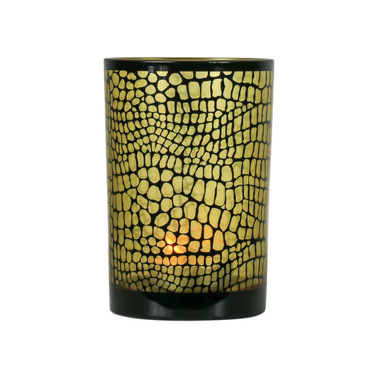 Zwarte glazen theelichthouder met gouden krokodillenprint – Mars & More