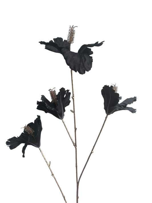 Zijden hibiscus zwart/goud – kunstbloem 82 cm luxe uitstraling