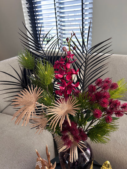 Burgundy Glazen Vaas met Luxe Zijden Kerstboeket