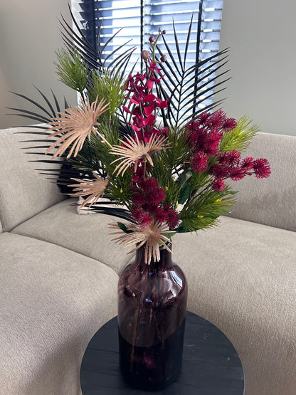 Burgundy Glazen Vaas met Luxe Zijden Kerstboeket