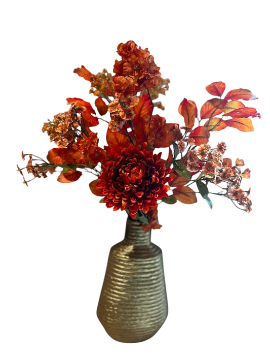 Gouden Colmore vaas met herfstboeket – luxe zijden bloemen